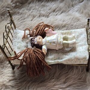 Vintage Brass Dollhouse Bed & Cabbage Patch Kids Miniature Doll - 1:12 Scale